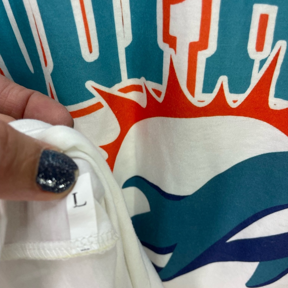 Miami Dolphins Shirt Womens Large White NFL Football V Neck Ruffle Sleeve Tee - Picture 7 of 8
